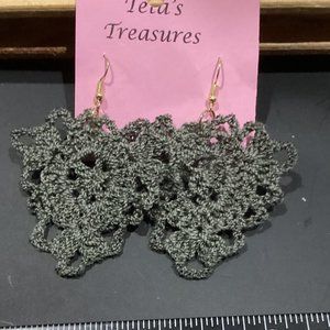 Earrings Khaki Green Triangle Crocheted Crochet Hand Crafted
